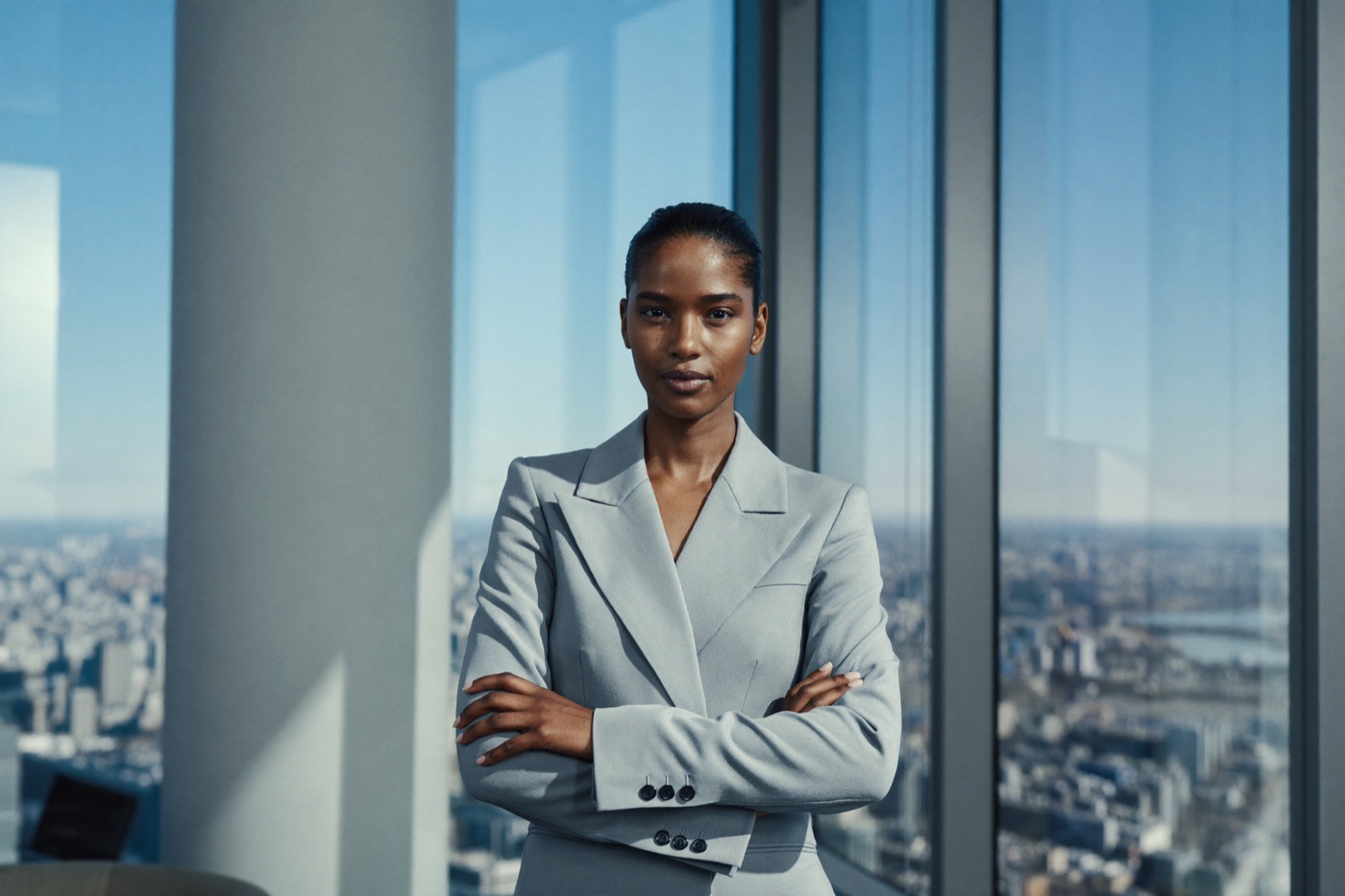 A confident South African woman executive leader in a modern office